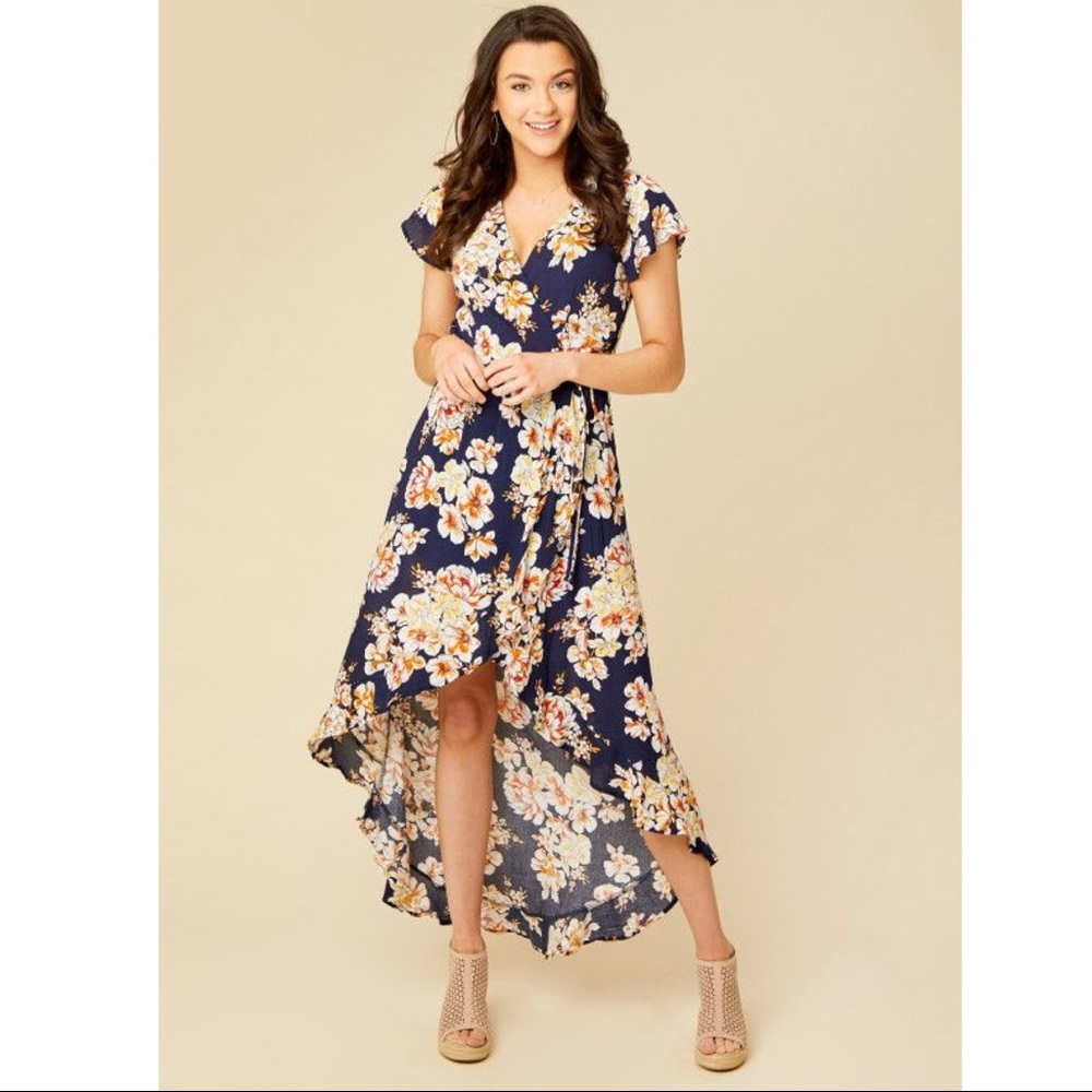 •SOLD• Altar’d State | Navy Floral High-Low Faux Wrap Dress